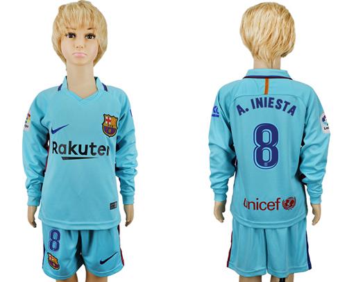 Barcelona #8 A.Iniesta Away Long Sleeves Kid Soccer Club Jersey